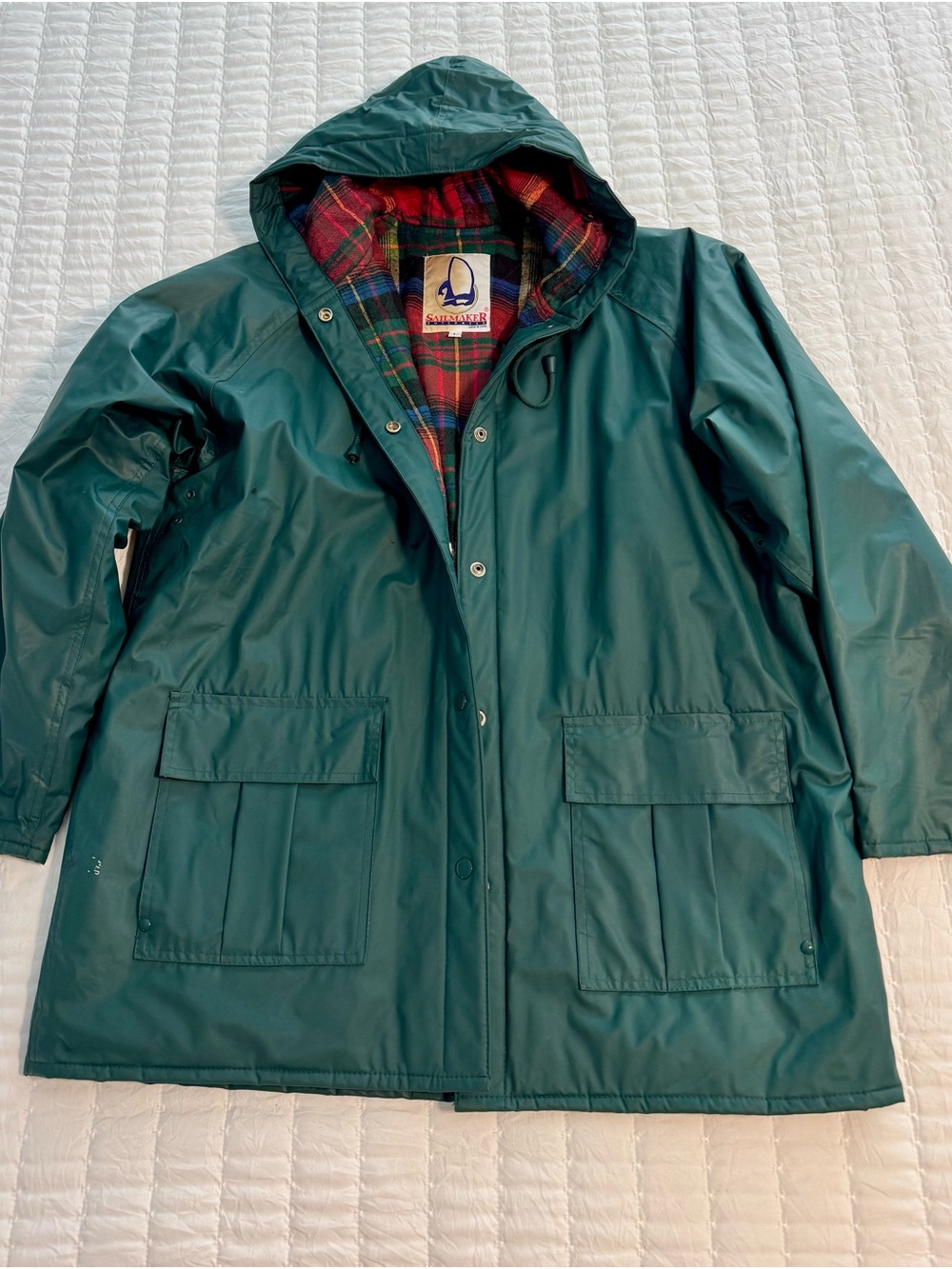 Classic Green Hooded Utility Raincoat with Plaid Lining